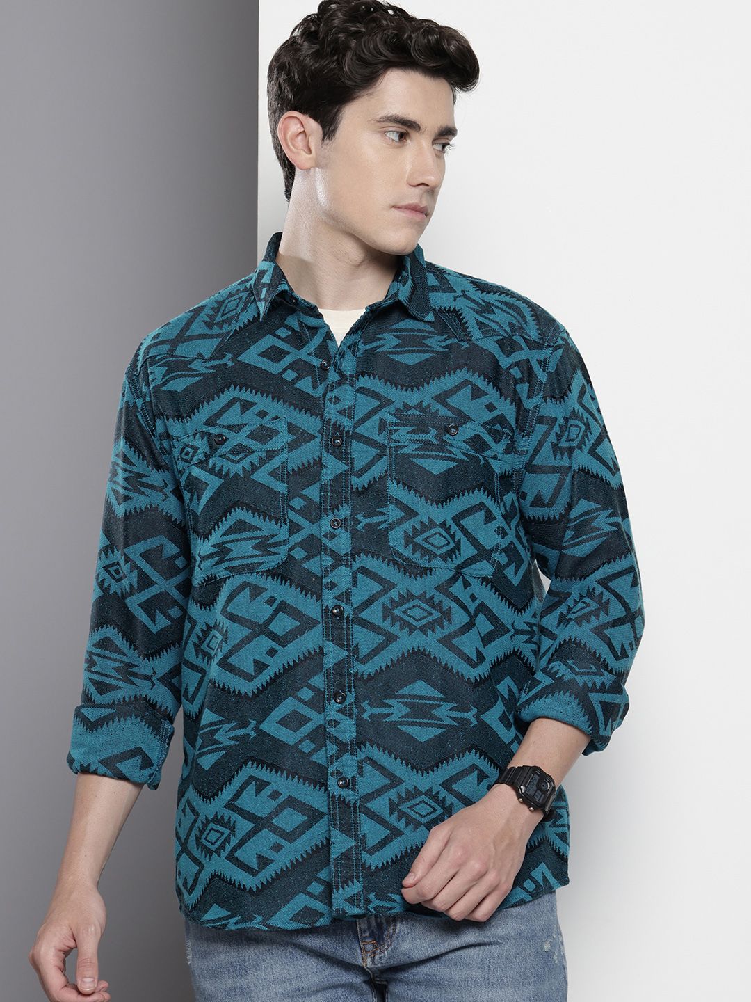 Men's Blue Relaxed Fit Textured Resort Wear Shirt
