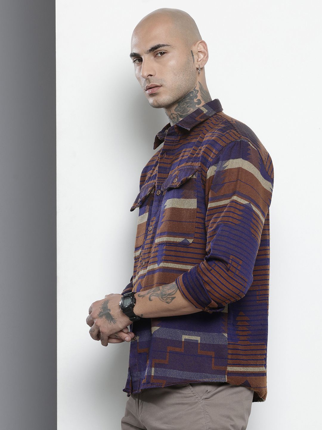 Men's Brown Relaxed Fit Geometric Resort Wear Shirt