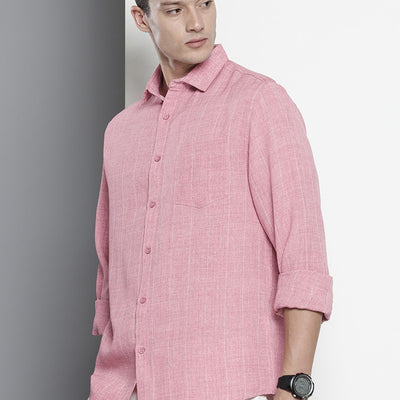 Men's Pink Slim Fit Vertical Striped Casual Shirt