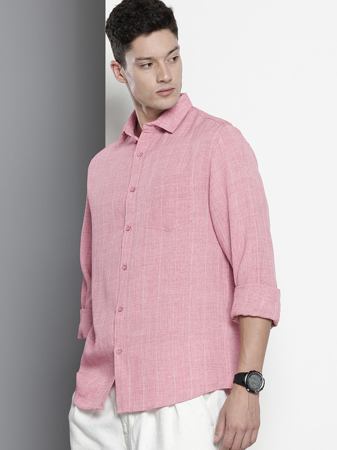Men's Pink Slim Fit Vertical Striped Casual Shirt