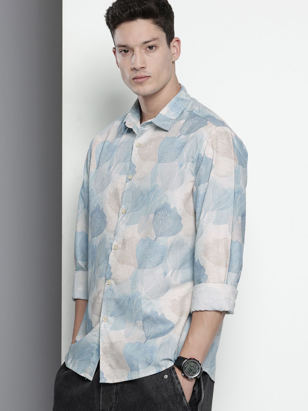 Men's Beige Regular Fit Floral Resort Wear Shirt