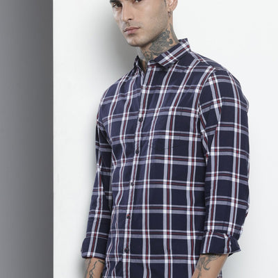 Men's Navy Blue Slim Fit Checked Casual Shirt
