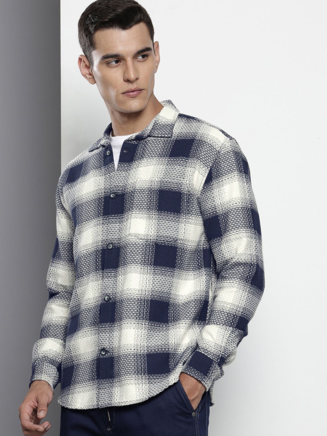 Men's Navy Blue Relaxed Fit Textured Casual Shirt