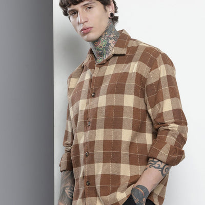 Men's Brown Relaxed Fit Checked Resort Wear Shirt