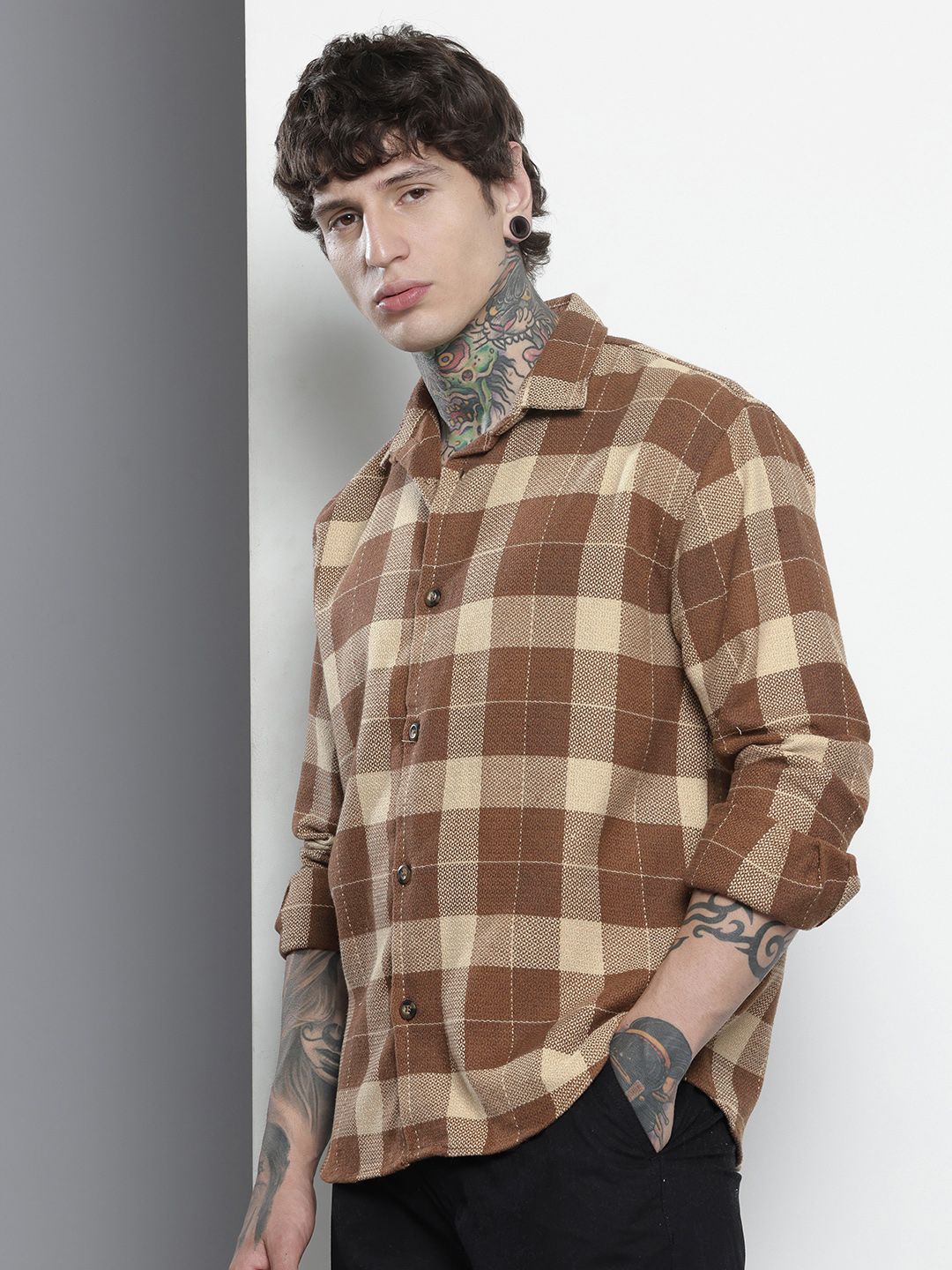Men's Brown Relaxed Fit Checked Resort Wear Shirt