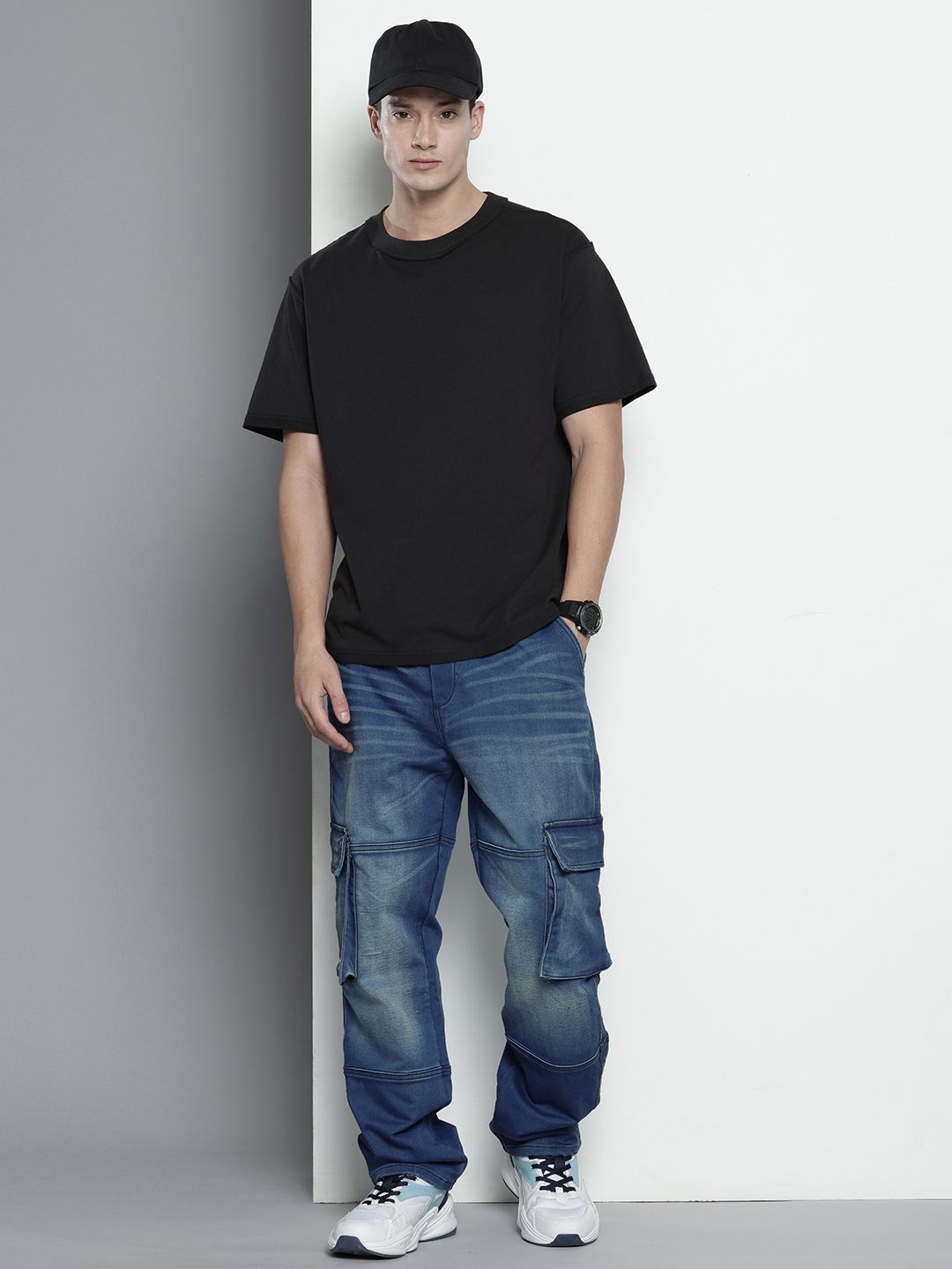 Men's Blue Relaxed Fit Solid Stretchable Denim Cargo Joggers