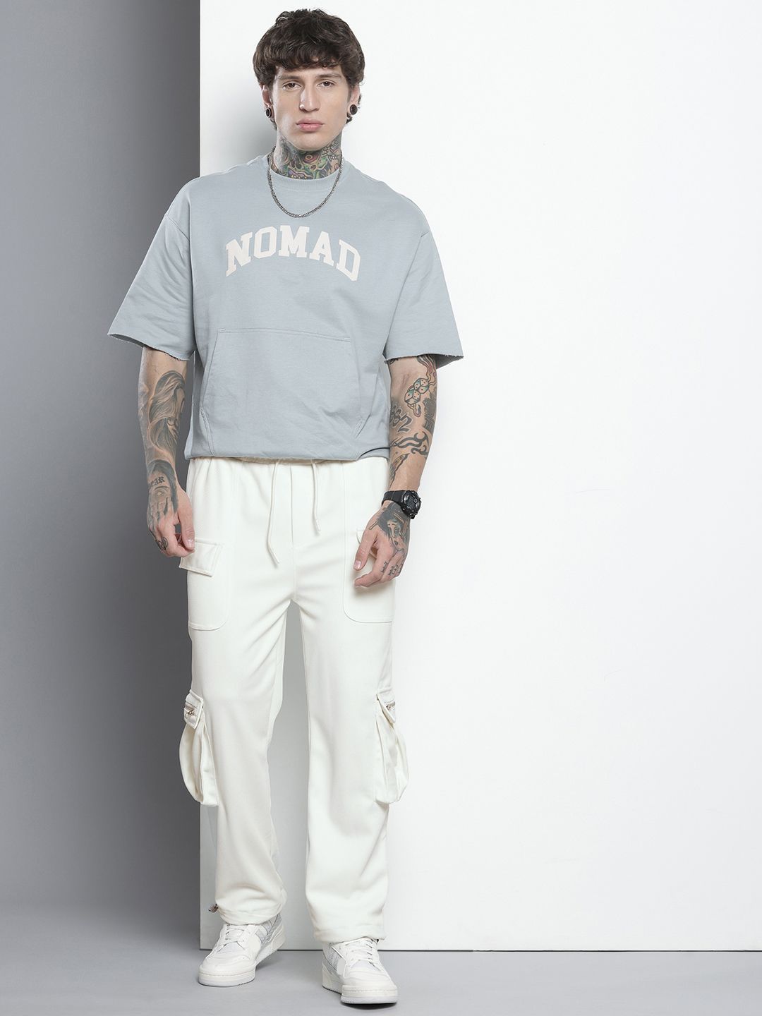 Men's White Relaxed Fit Textured Wide Leg Cargo Joggers