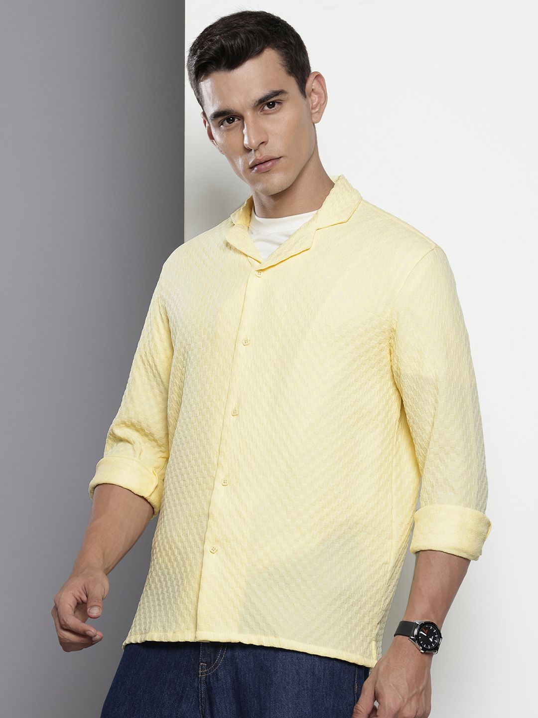 Men's Yellow Relaxed Fit Solid Resort Wear Shirt