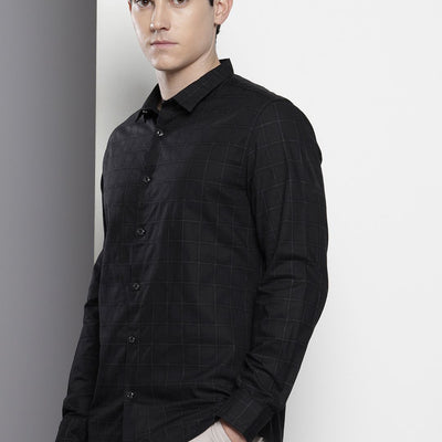 Men's Black Slim Fit Checked Party Wear Shirt