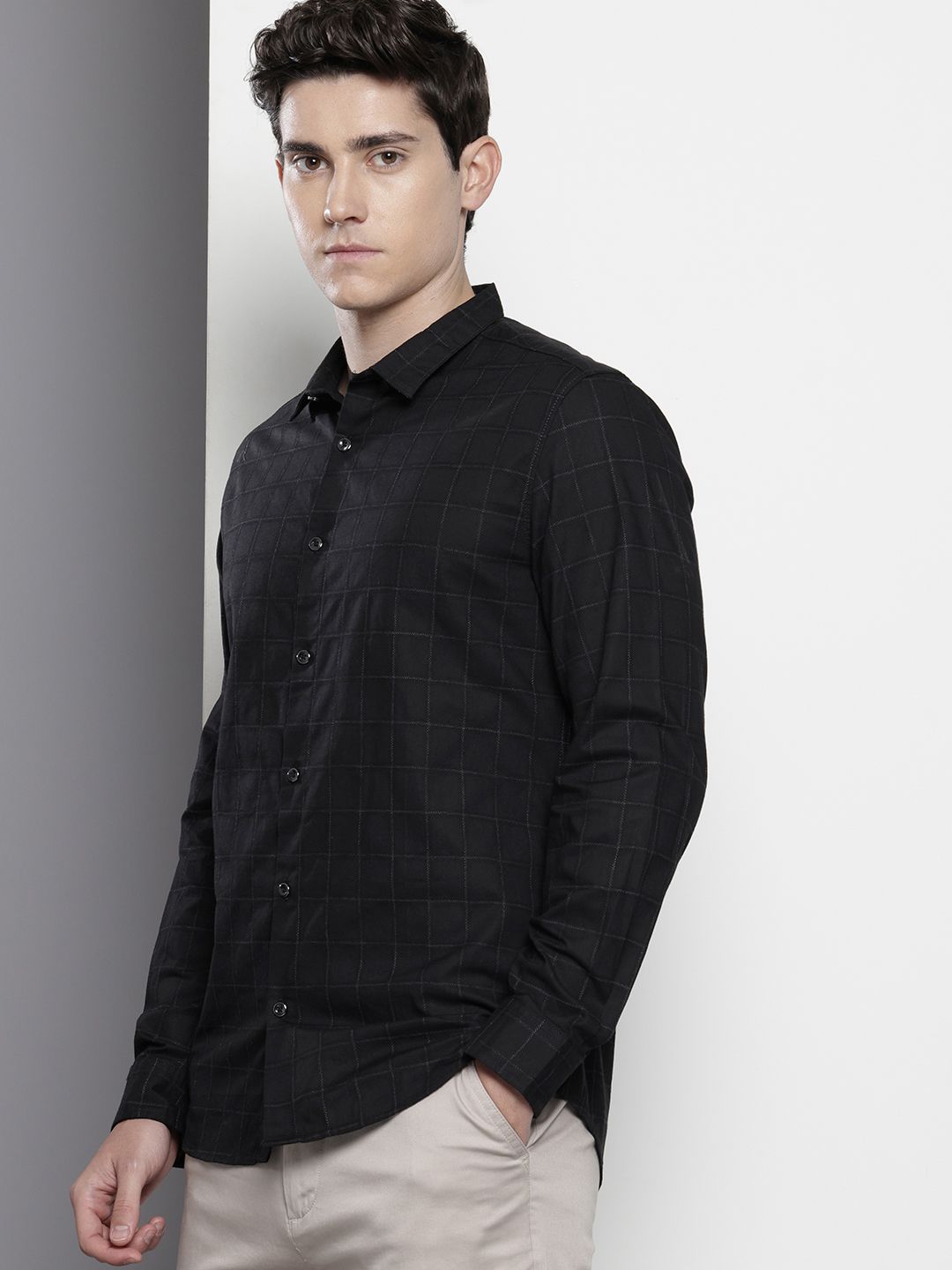 Men's Black Slim Fit Checked Party Wear Shirt