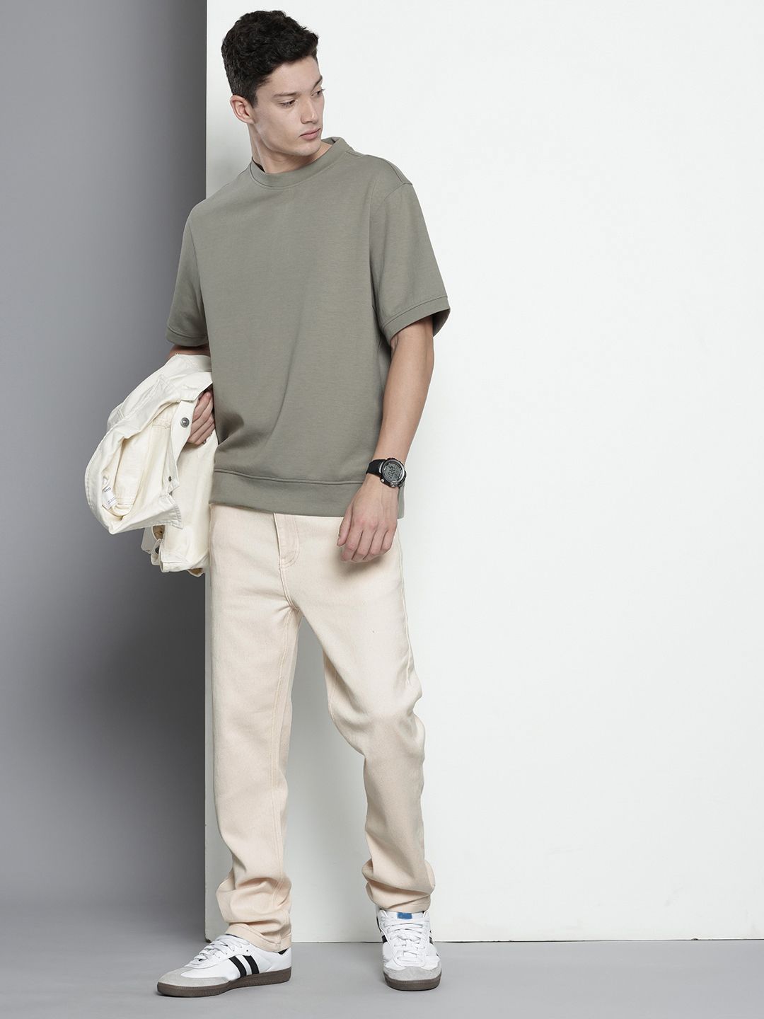 Men's White Regular Fit Solid Denim Joggers