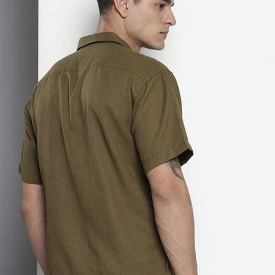 Men's Olive Relaxed Fit Solid Resort Wear Shirt