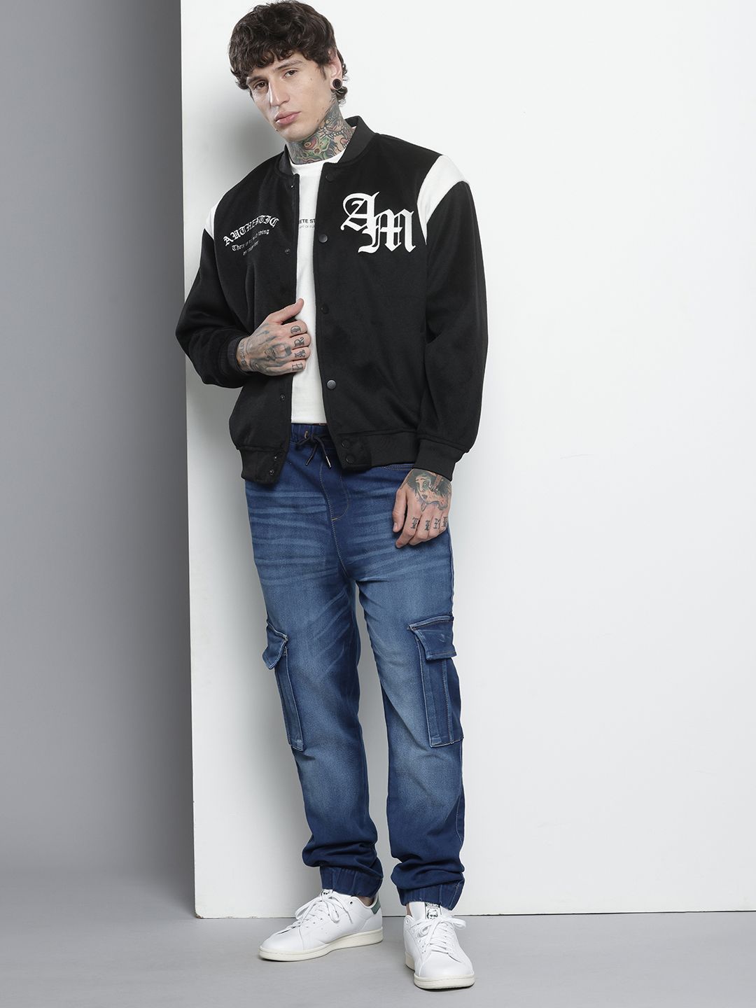 Men's Blue Regular Fit Solid Stretchable Denim Cargo Joggers