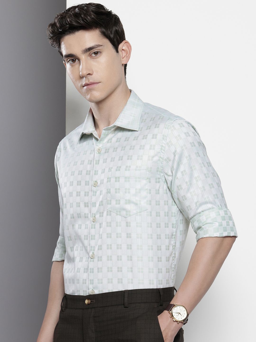 Men's Green Slim Fit Checked Formal Shirt
