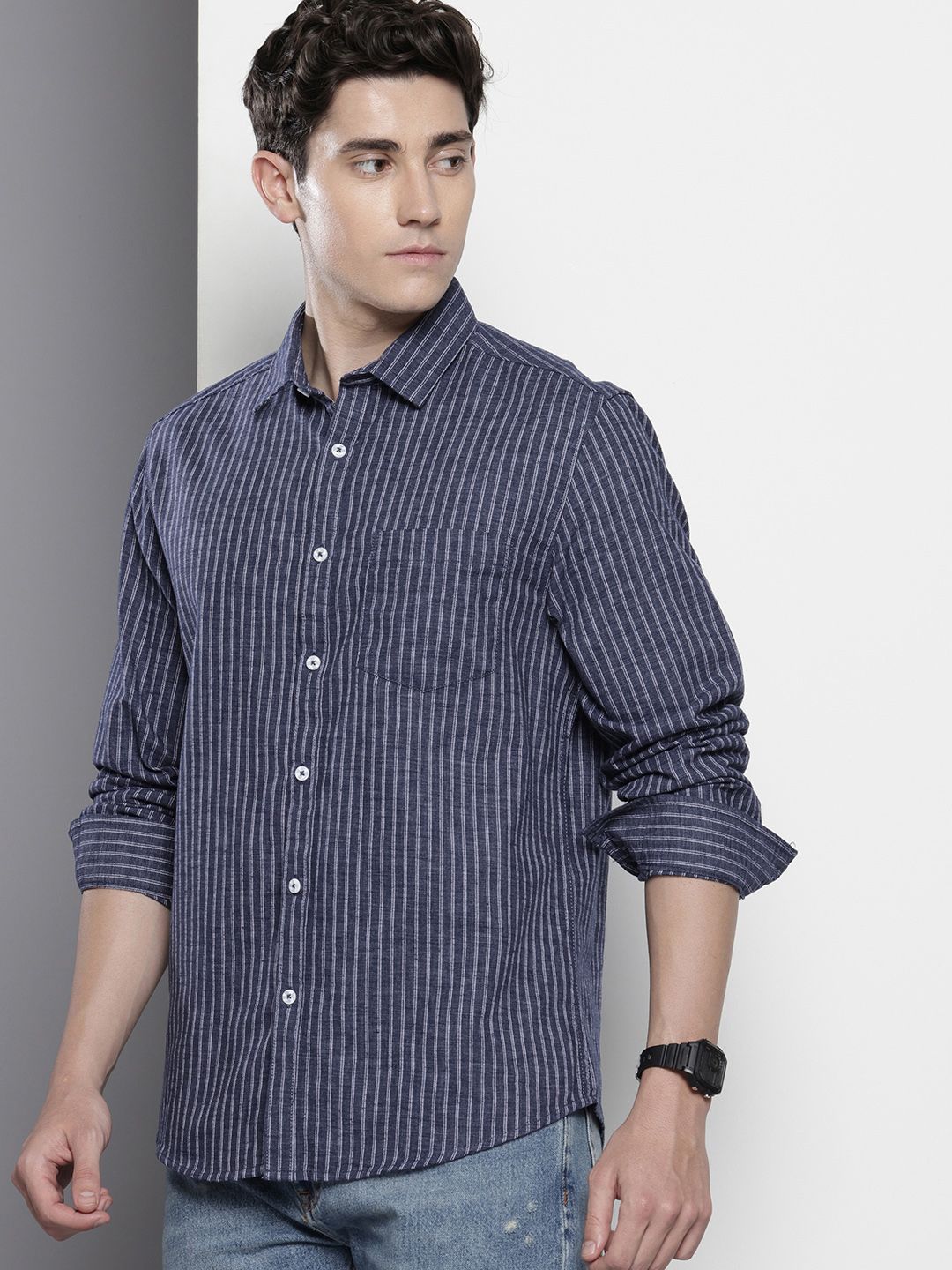 Men's Navy Blue Slim Fit Striped Casual Shirt