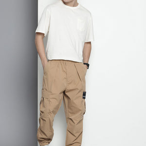 Men's Khaki Tapered Fit Textured Cargos