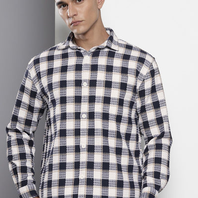 Men's Navy Blue Relaxed Fit Checked Resort Wear Shirt