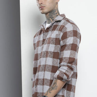 Men's Brown Relaxed Fit Checked Resort Wear Shirt