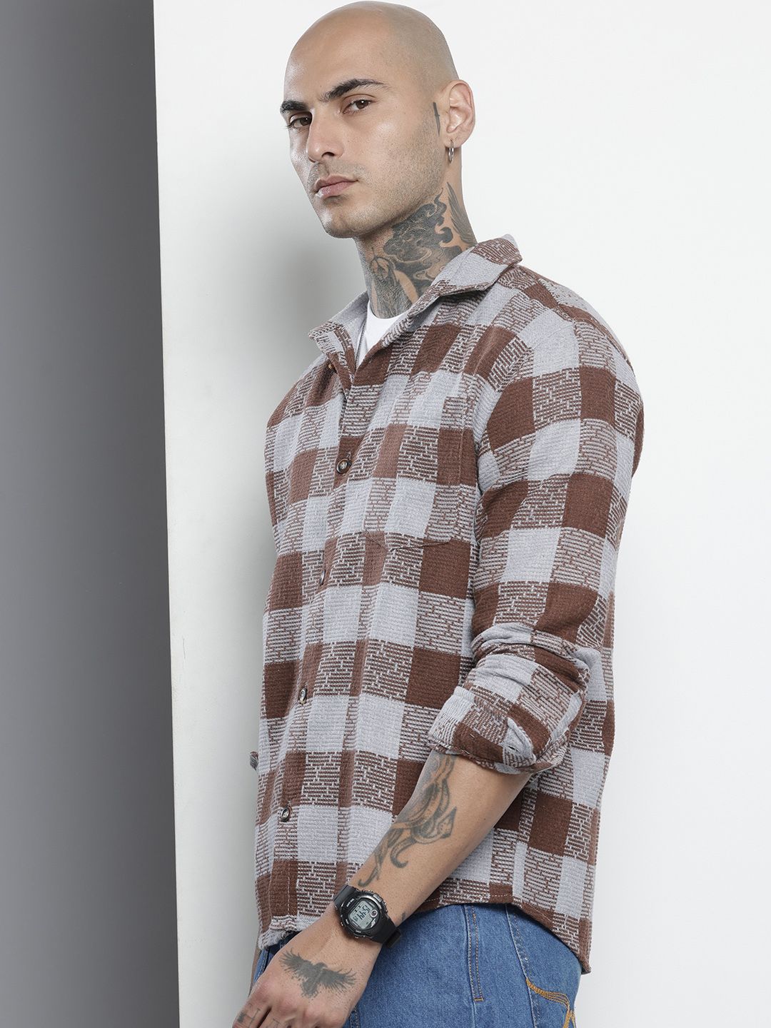 Men's Brown Relaxed Fit Checked Resort Wear Shirt