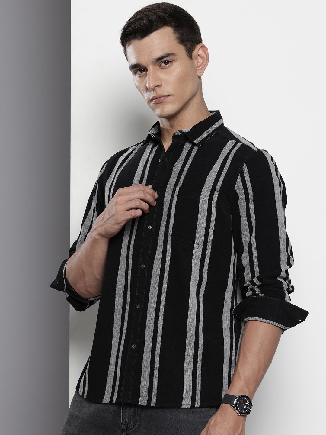 Men's Black Regular Fit Striped Casual Overshirt