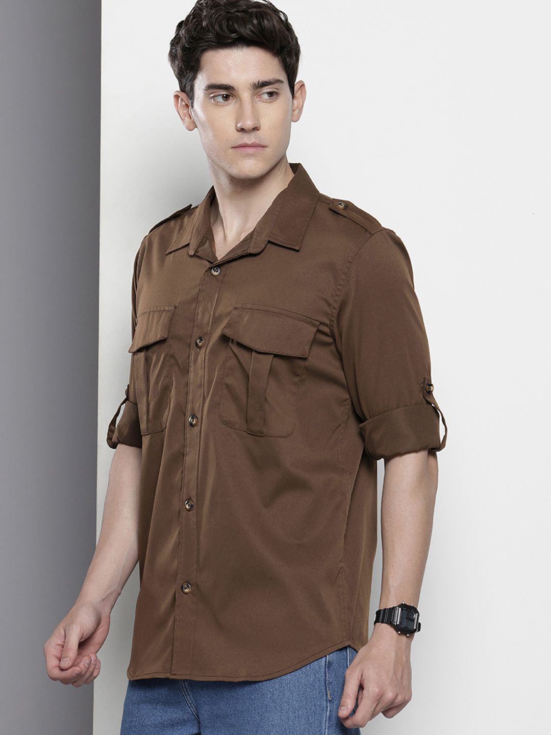 Men's Brown Regular Fit Solid Street Wear Shirt