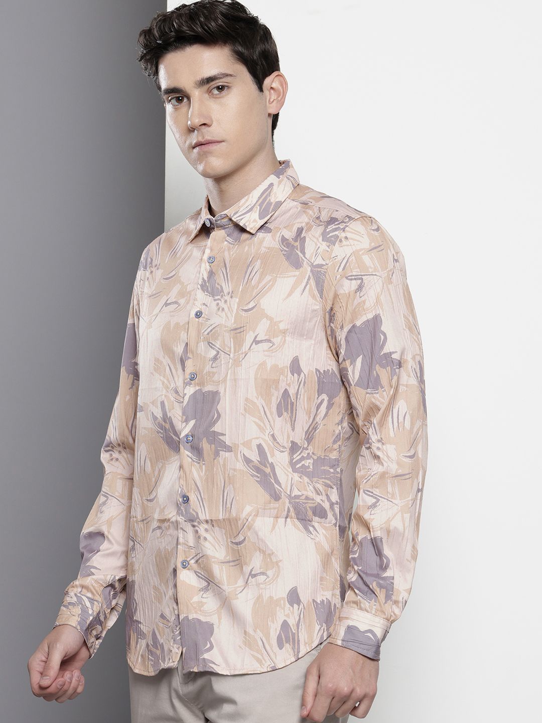 Men's Beige Slim Fit Abstract Print Party Wear Shirt