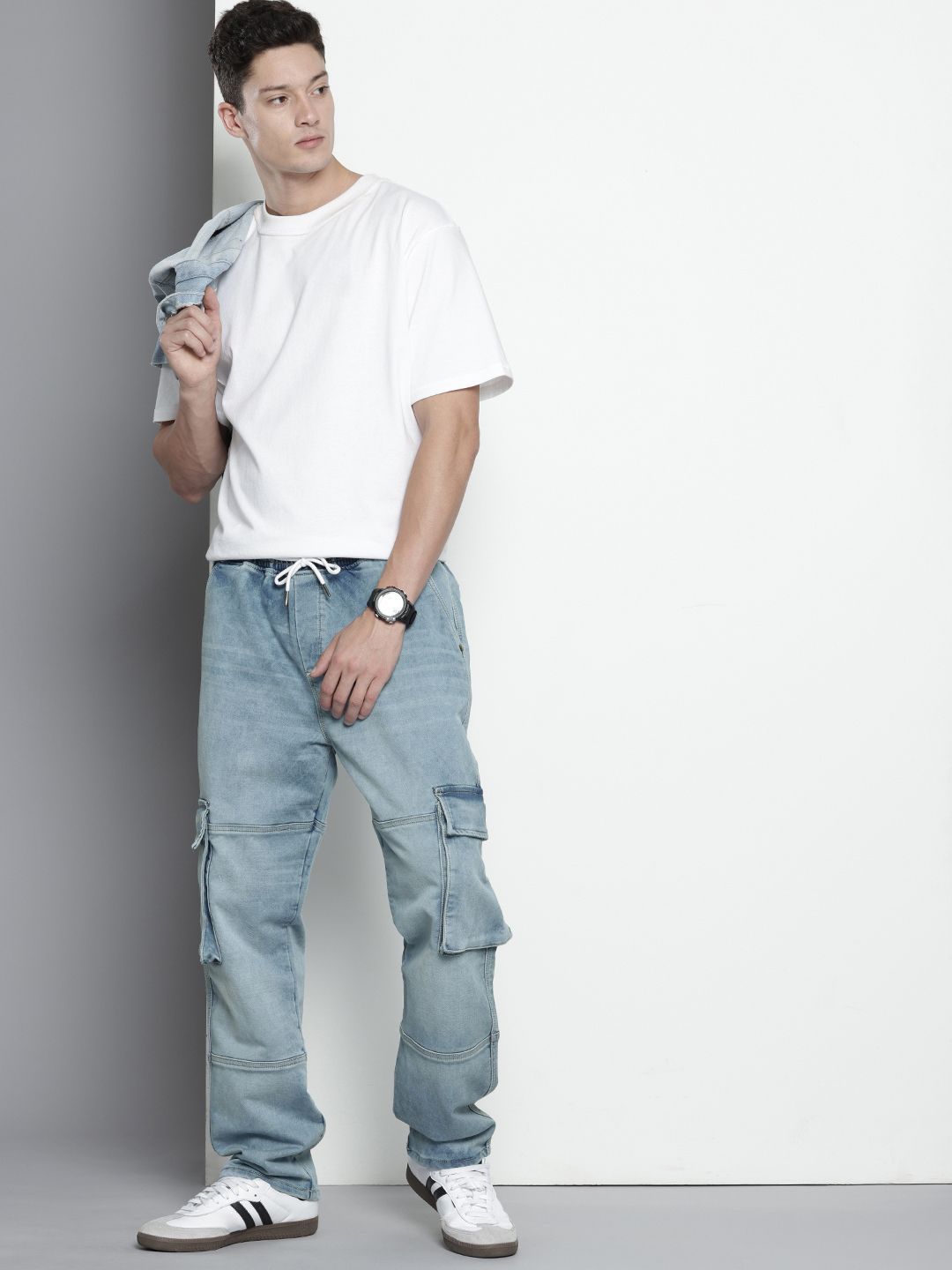 Men's Blue Relaxed Fit Solid Stretchable Denim Cargo Joggers