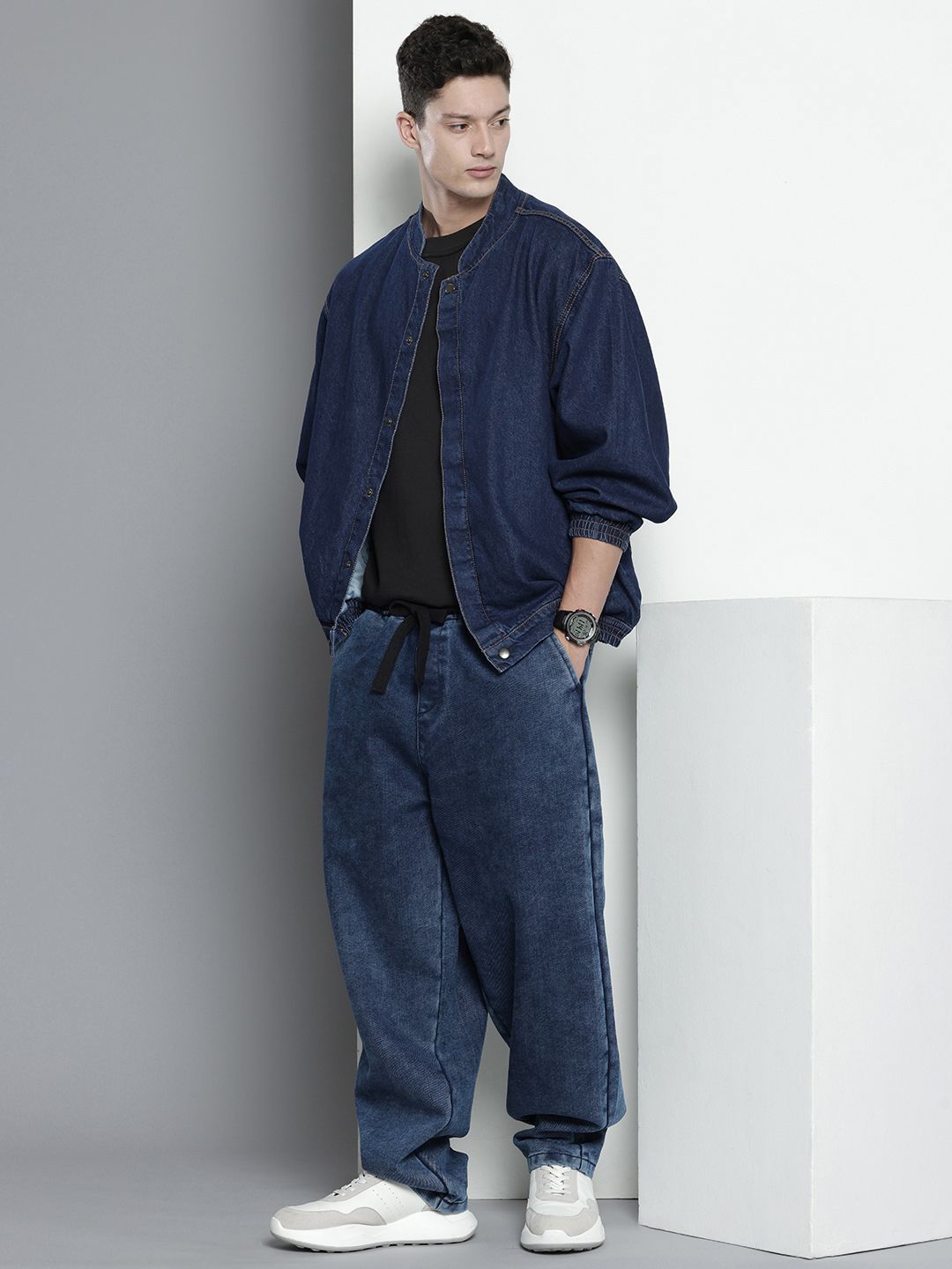 Men's Blue Barrel Loose Solid Denim Joggers
