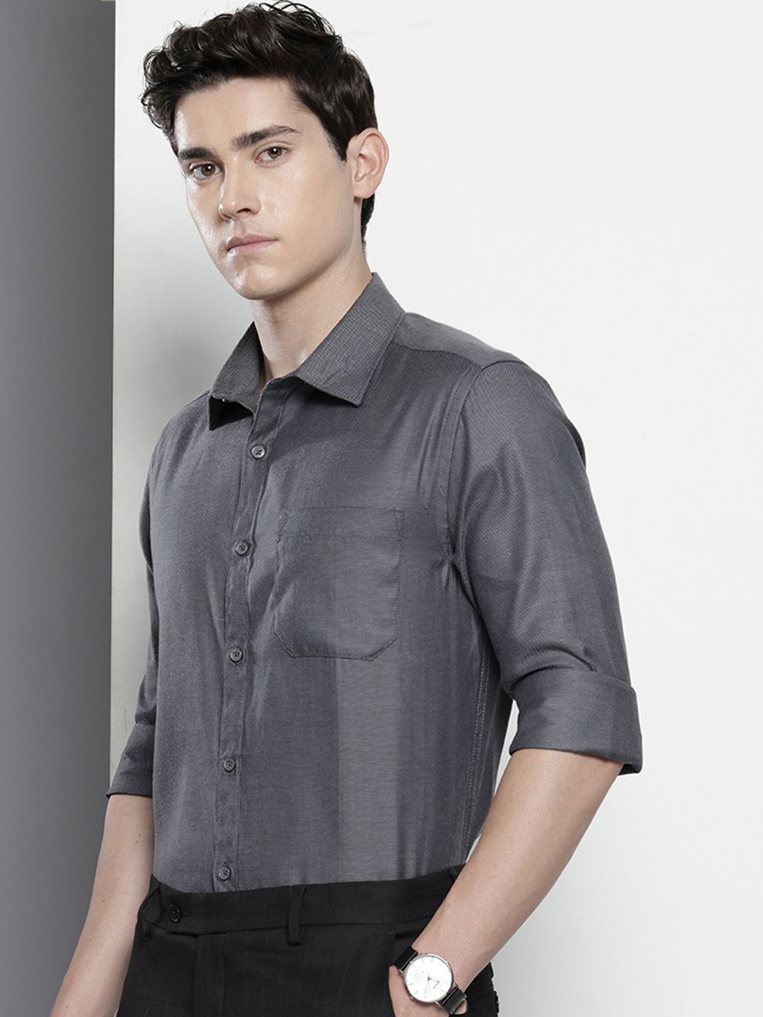 Men's Grey Slim Fit Solid Formal Shirt