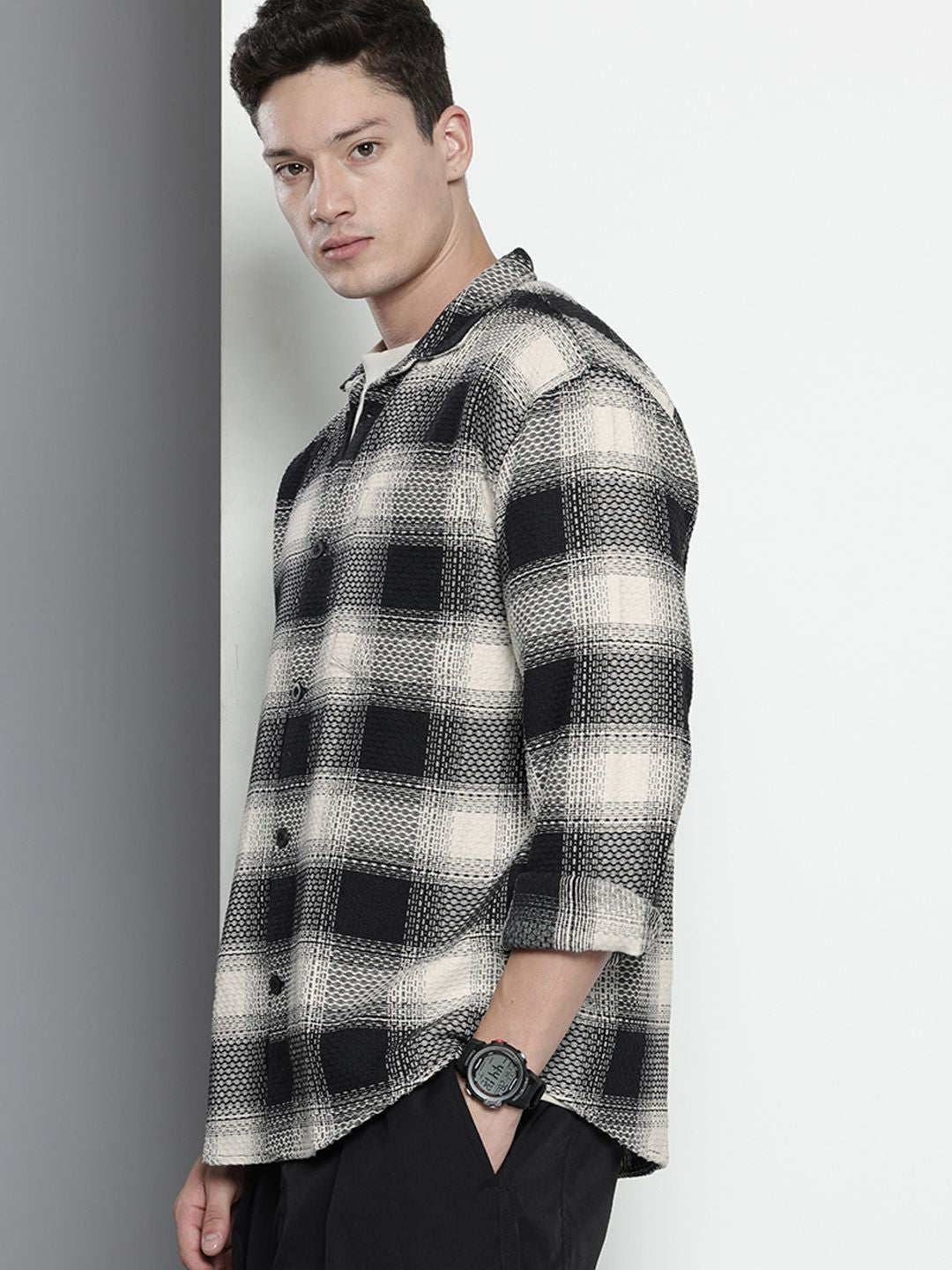 Men's Black Relaxed Fit Textured Casual Shirt