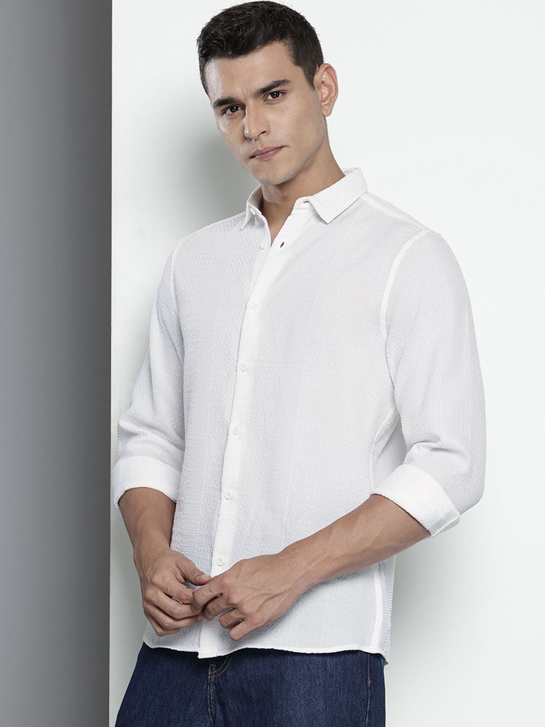 Men's White Regular Fit Solid Resort Wear Shirt