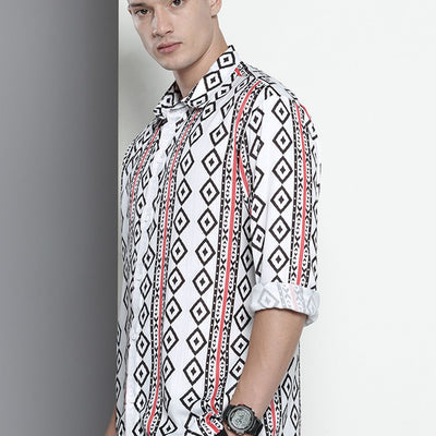 Men's White Relaxed Fit Geometric Print Resort Wear Shirt