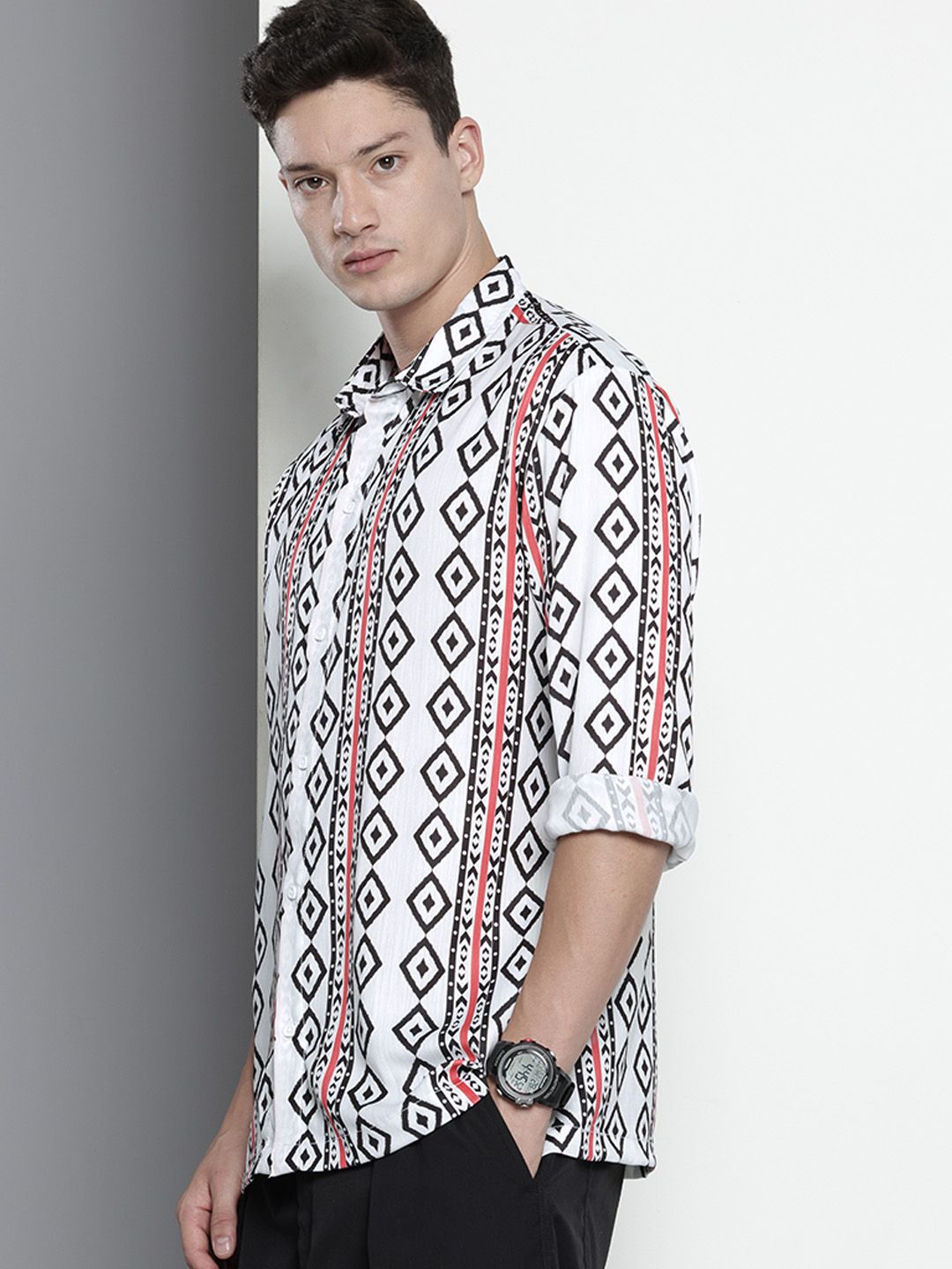 Men's White Relaxed Fit Geometric Print Resort Wear Shirt