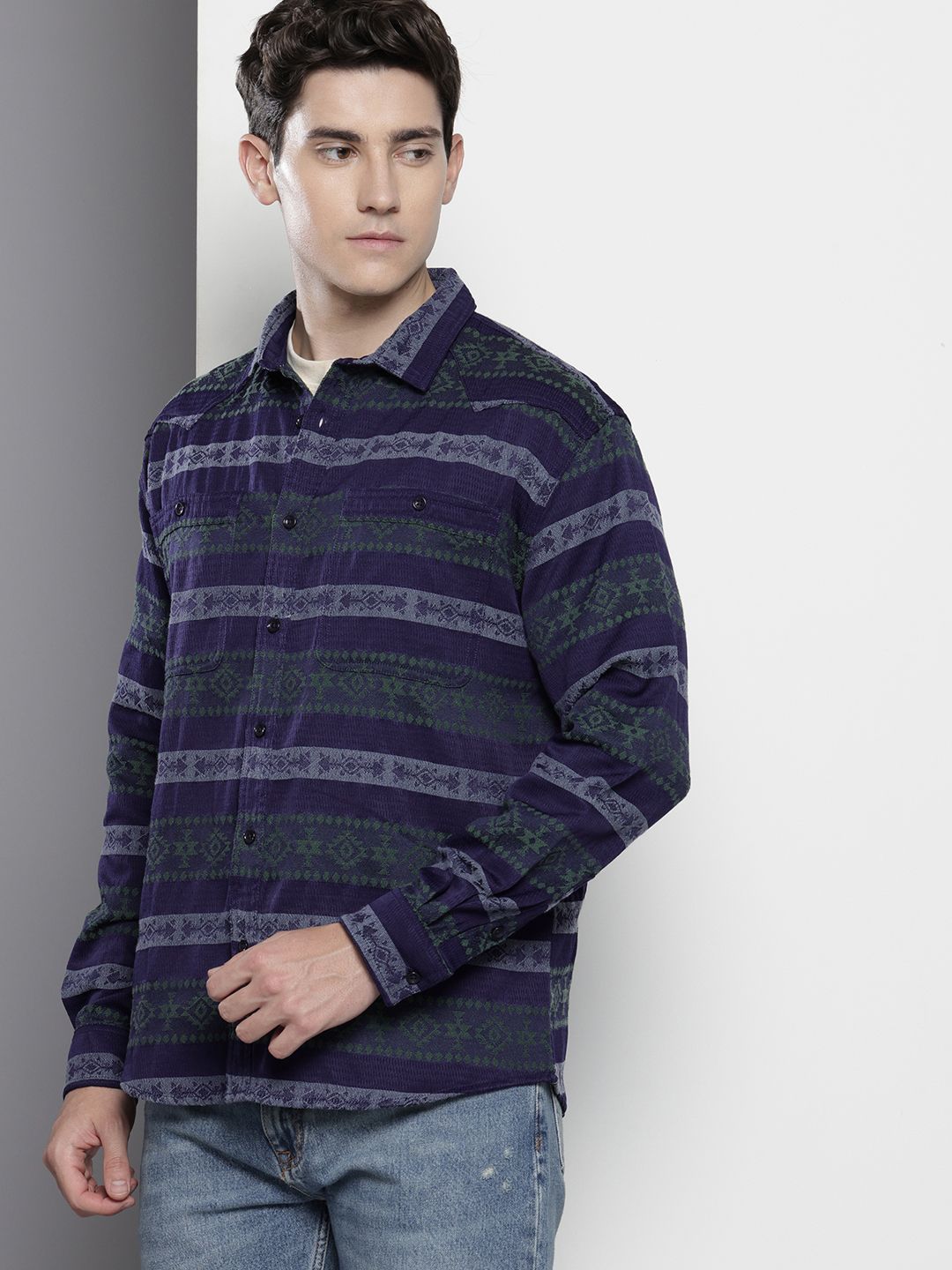 Men's Green Relaxed Fit Aztec Resort Wear Shirt