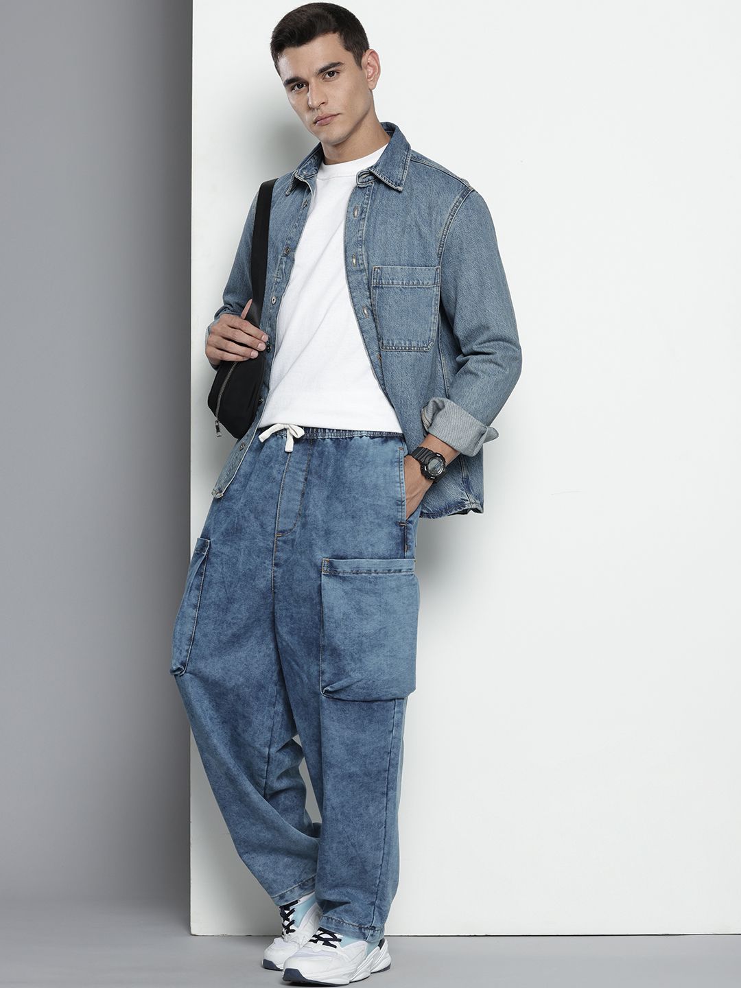 Men's Blue Loose Solid Denim Cargo Harem Pants