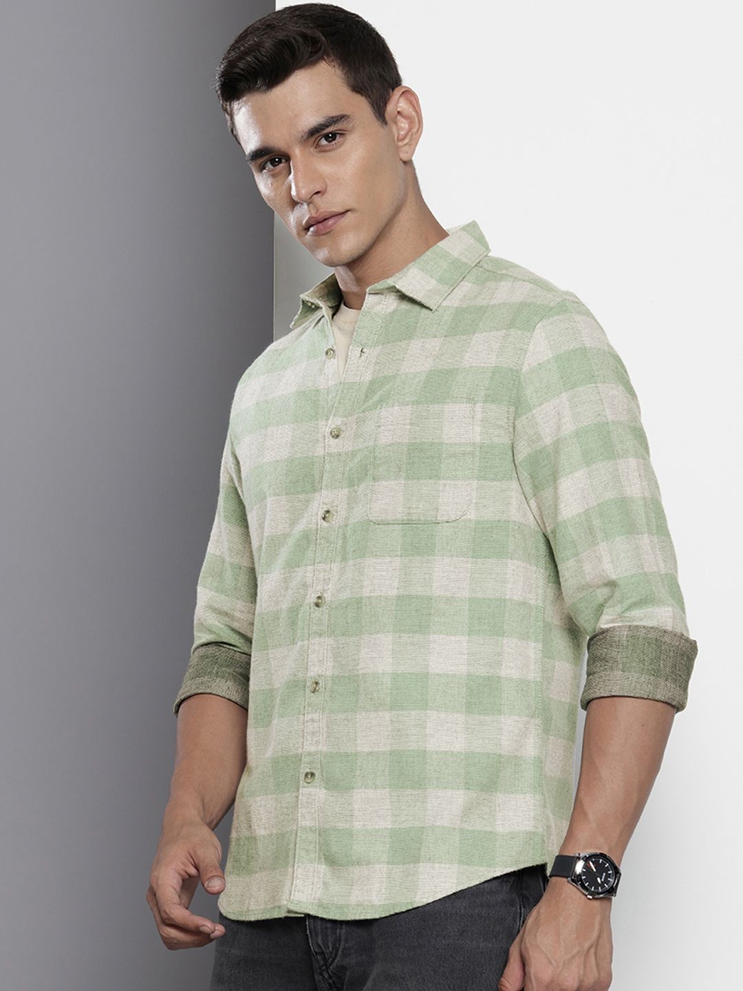 Men's Green Slim Fit Checked Casual Shirt