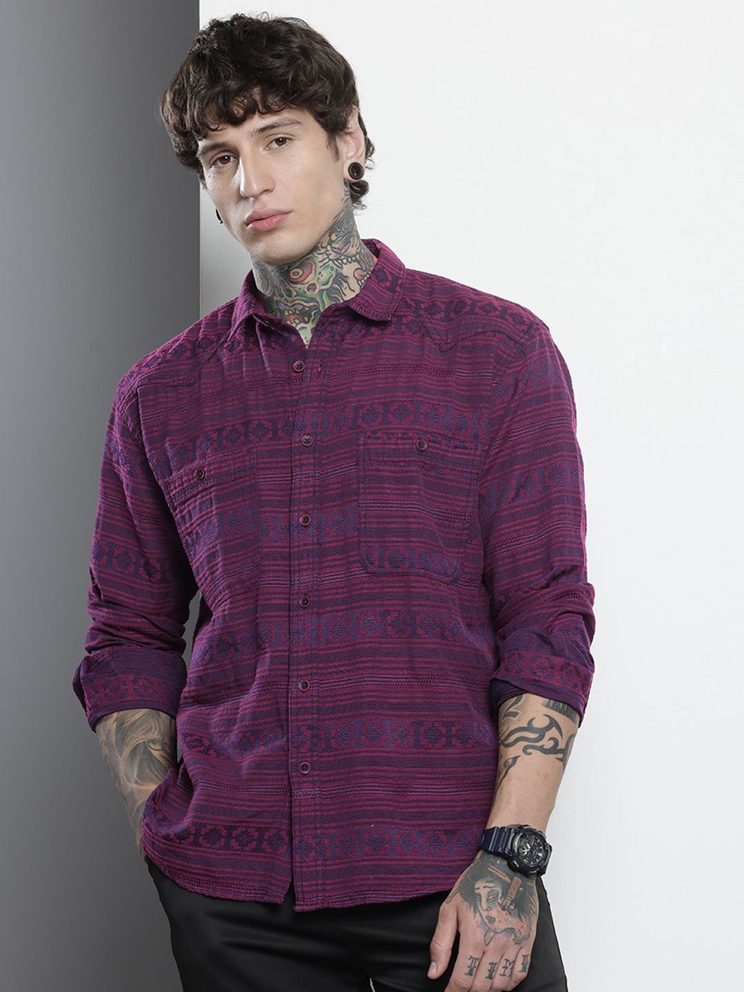 Men's Pink Relaxed Fit Textured Resort Wear Shirt