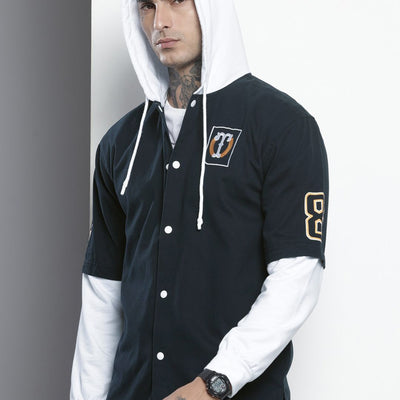 Men's Navy Blue Regular Fit Graphic Print Street Wear Overshirt
