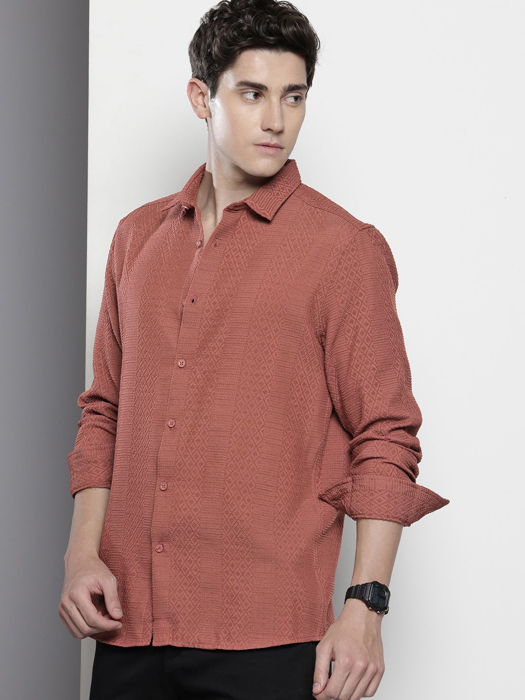 Men's Rust Regular Fit Solid Resort Wear Shirt