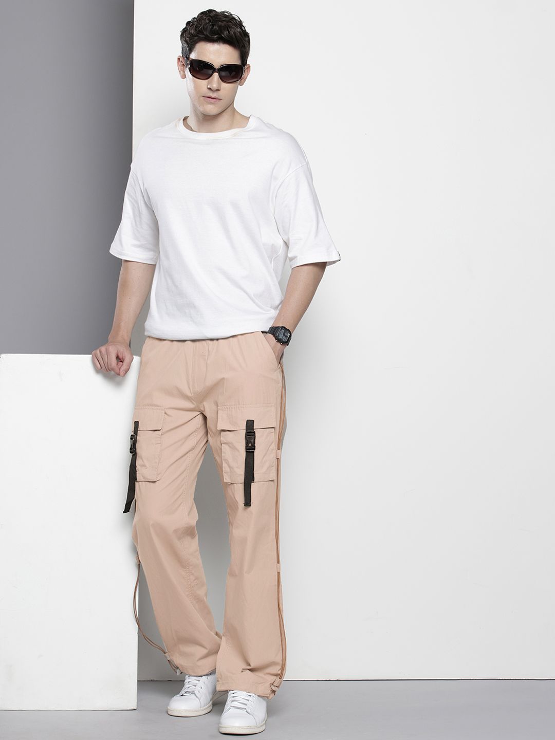 Men's Khaki Relaxed Fit Solid Utility Cargo Jogger