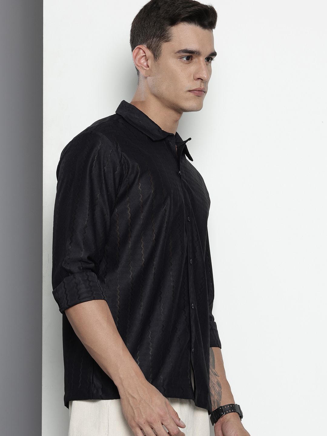 Men's Black Relaxed Fit Textured Resort Wear Shirt