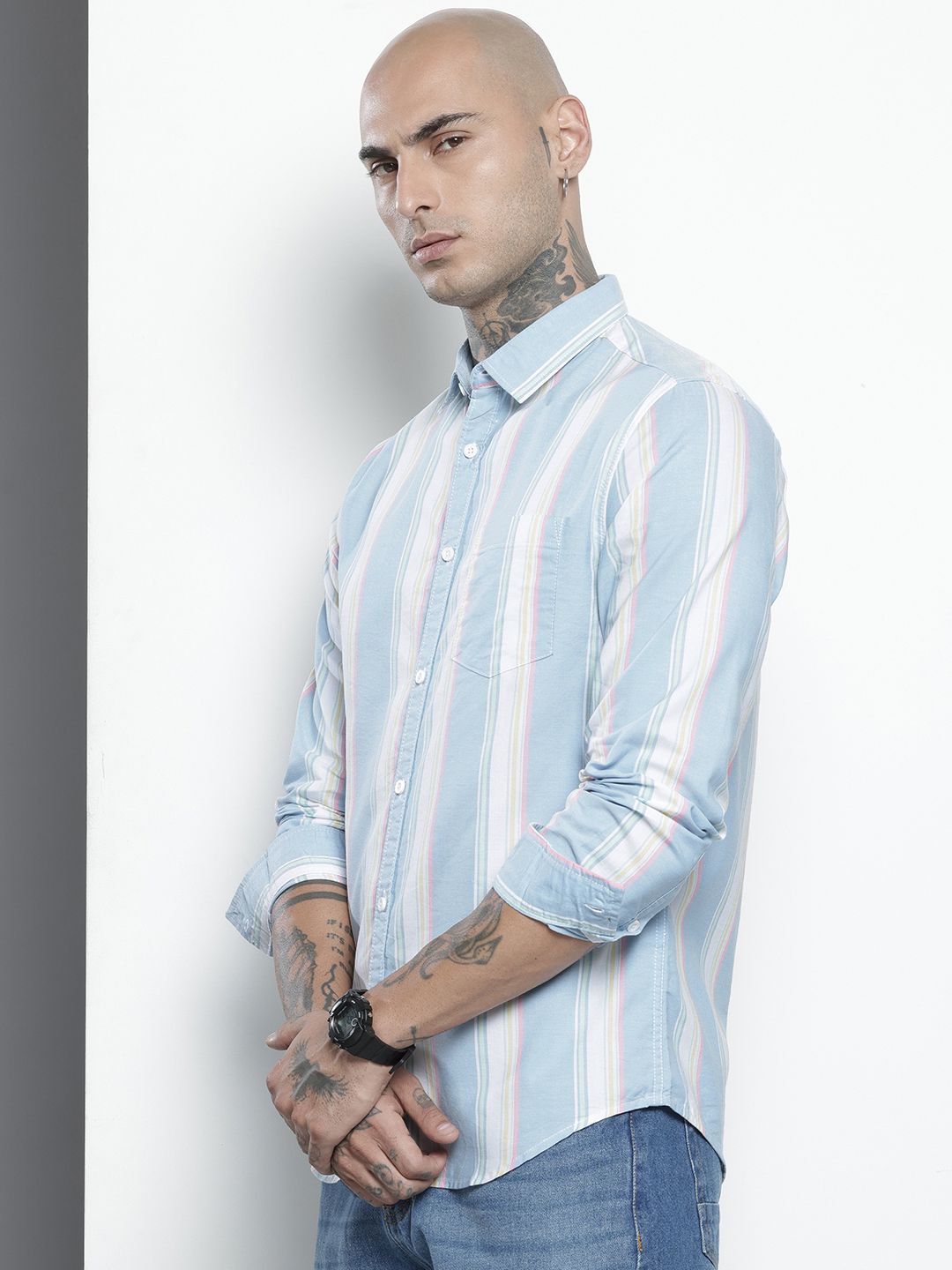 Men's Blue Slim Fit Striped Casual Shirt