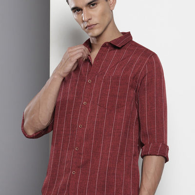 Men's Maroon Slim Fit Vertical Striped Casual Shirt