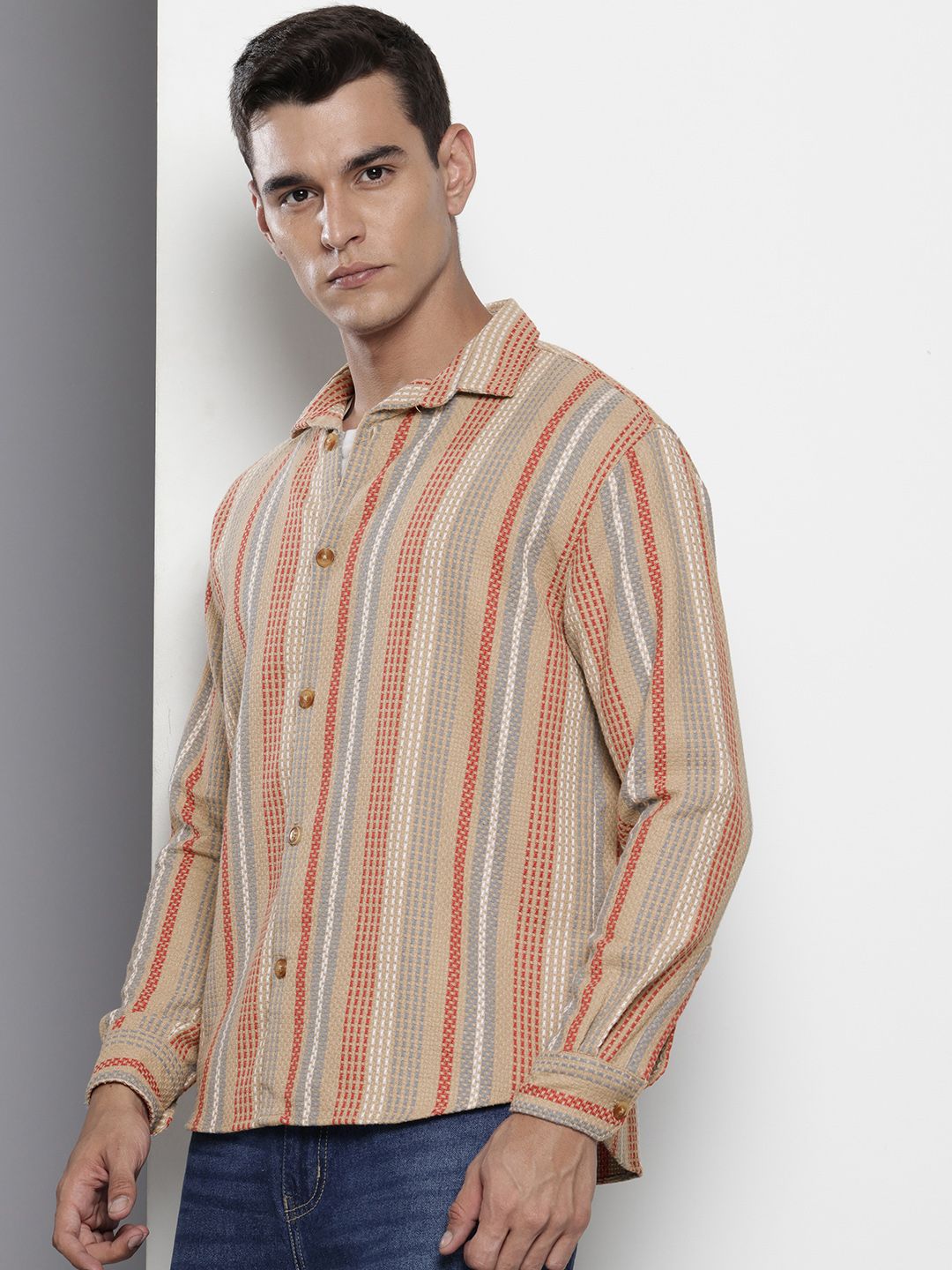 Men's Brown Relaxed Fit Striped Resort Wear Shirt