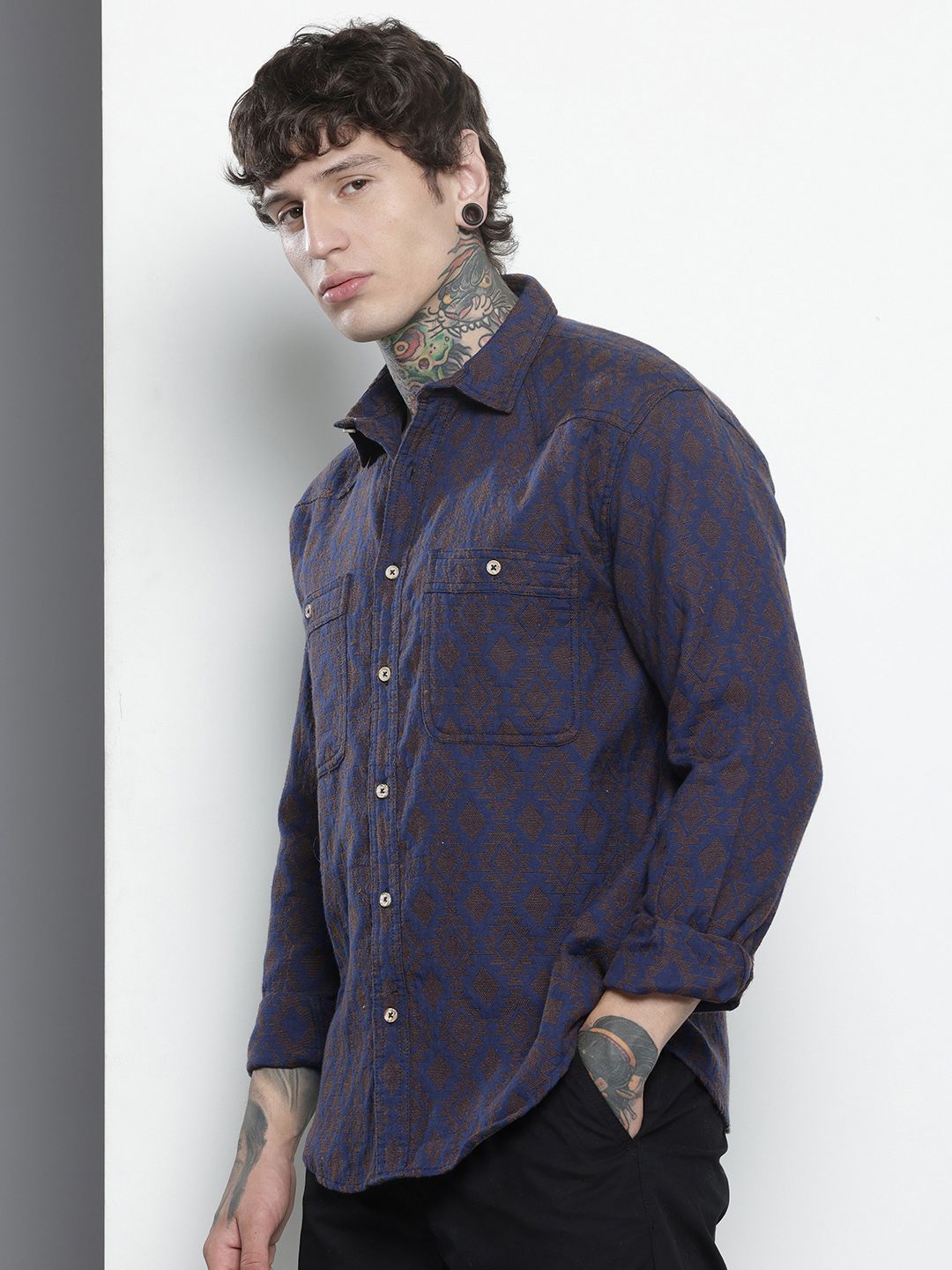 Men's Navy Blue Relaxed Fit Textured Resort Wear Shirt