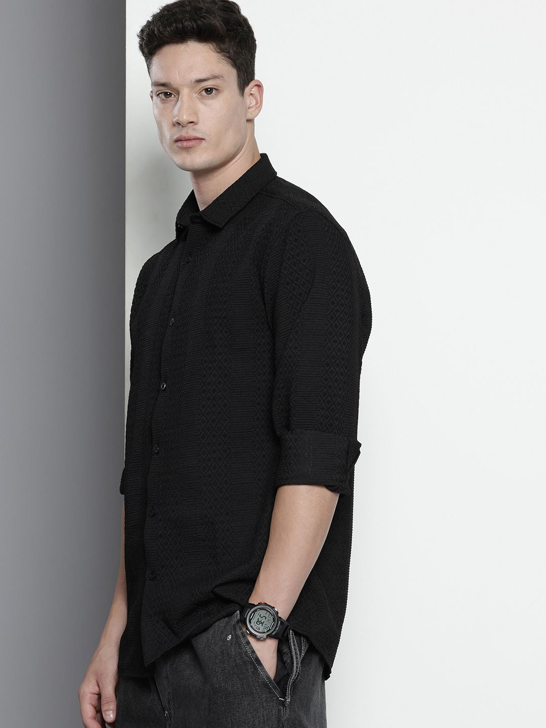 Men's Black Regular Fit Textured Resort Wear Shirt