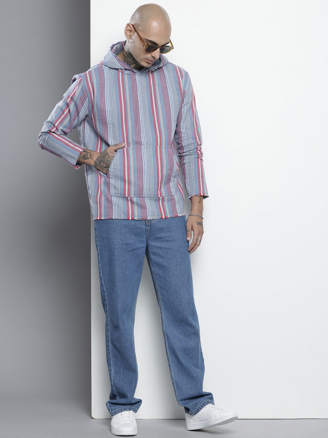 Men's Blue Relaxed Fit Vertical Stripes Resort Wear Shirt