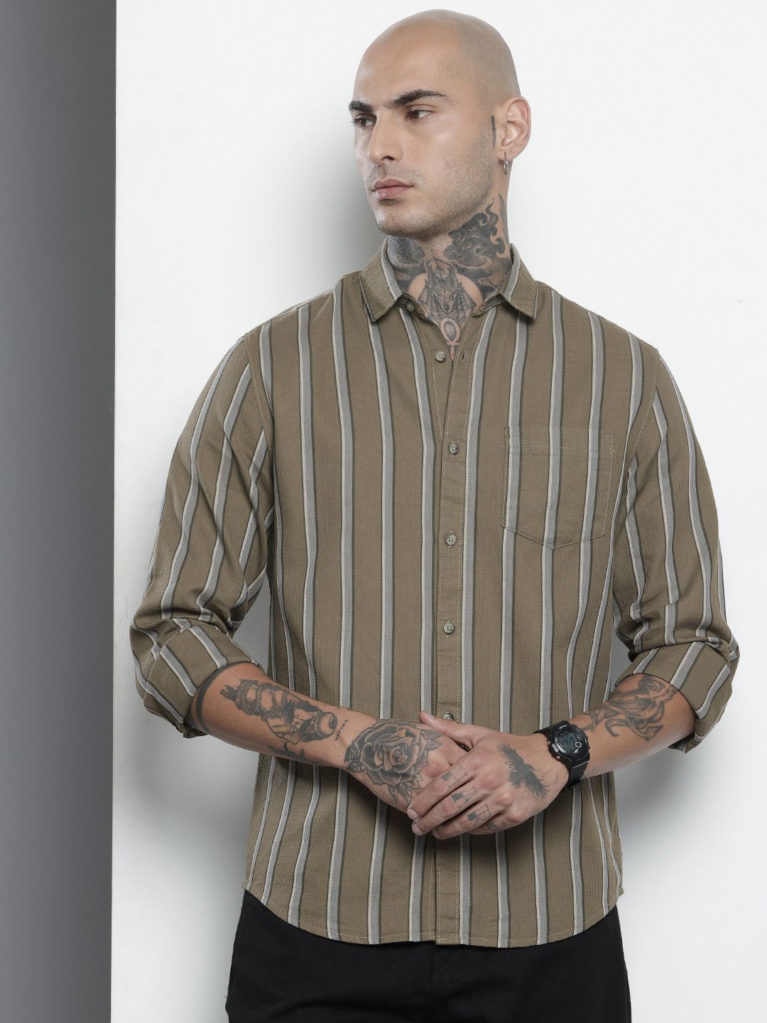 Men's Green Slim Fit Striped Casual Shirt