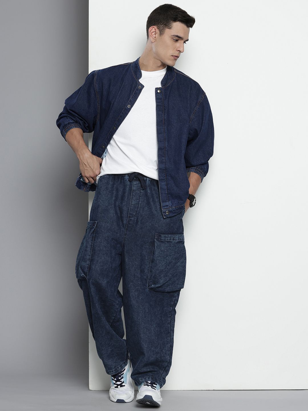 Men's Blue Loose Solid Denim Cargo Harem Pants