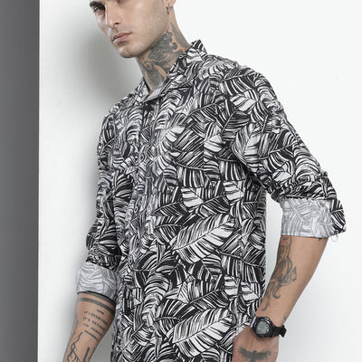 Men's Black Regular Fit Abstract Print Casual Overshirt